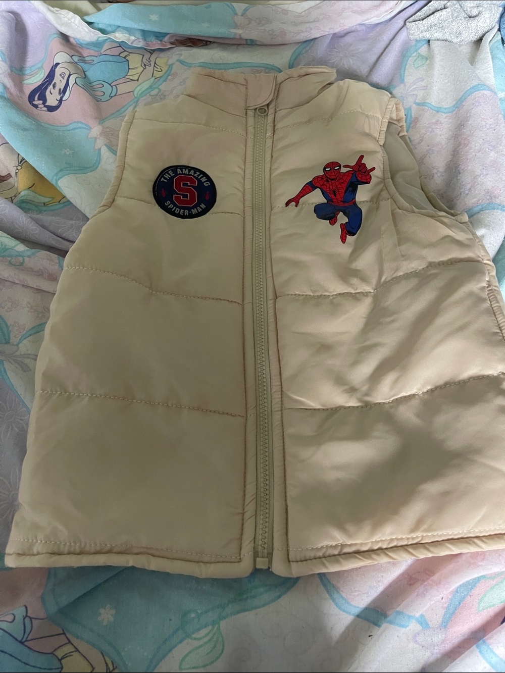 Marvel Kids Beige Puffer Vest with Spider-Man Patch